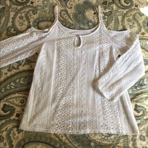 INC open shoulder white lace top sz M